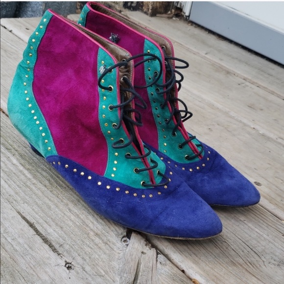 Multicolored Suede Color Block lace Ankle Booties - Picture 6 of 9